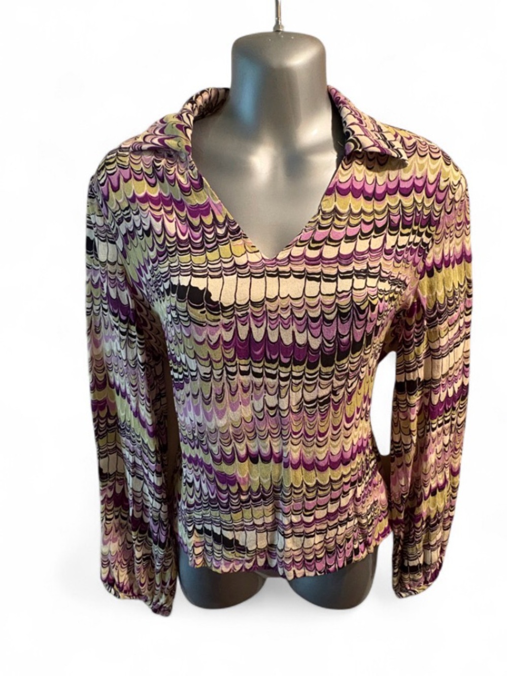 Ishyu Silk Purple Patterned V-Neck Long Sleeve Top L